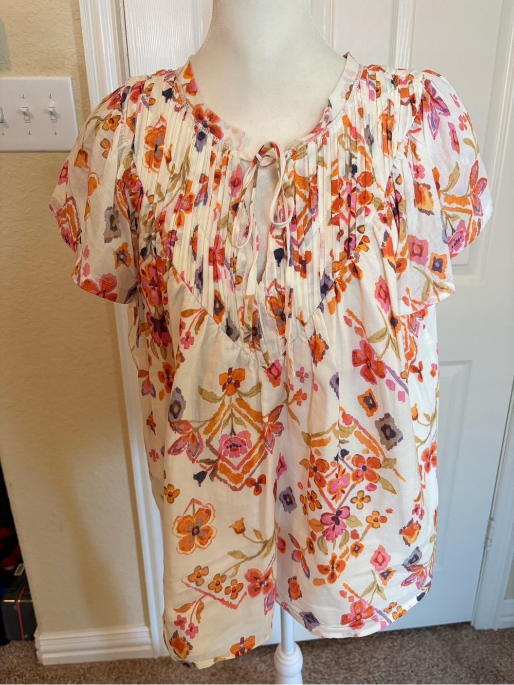 Fate Cream Floral Tie-Neck Blouse with Orange and Pink Accents